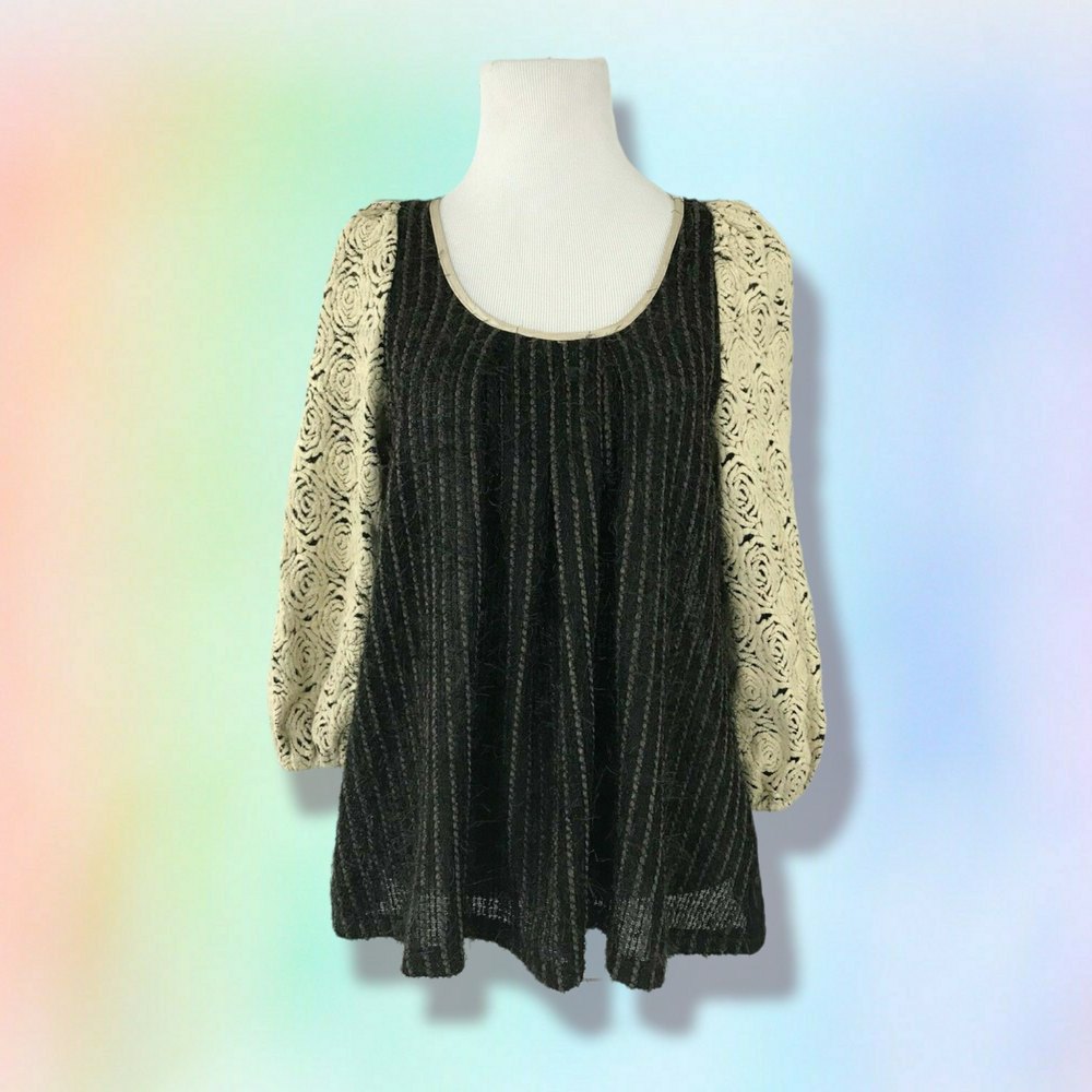 RYU Anthropologie M Black Ivory Sheer Back Floral Sleeve cottagecore whimsygoth